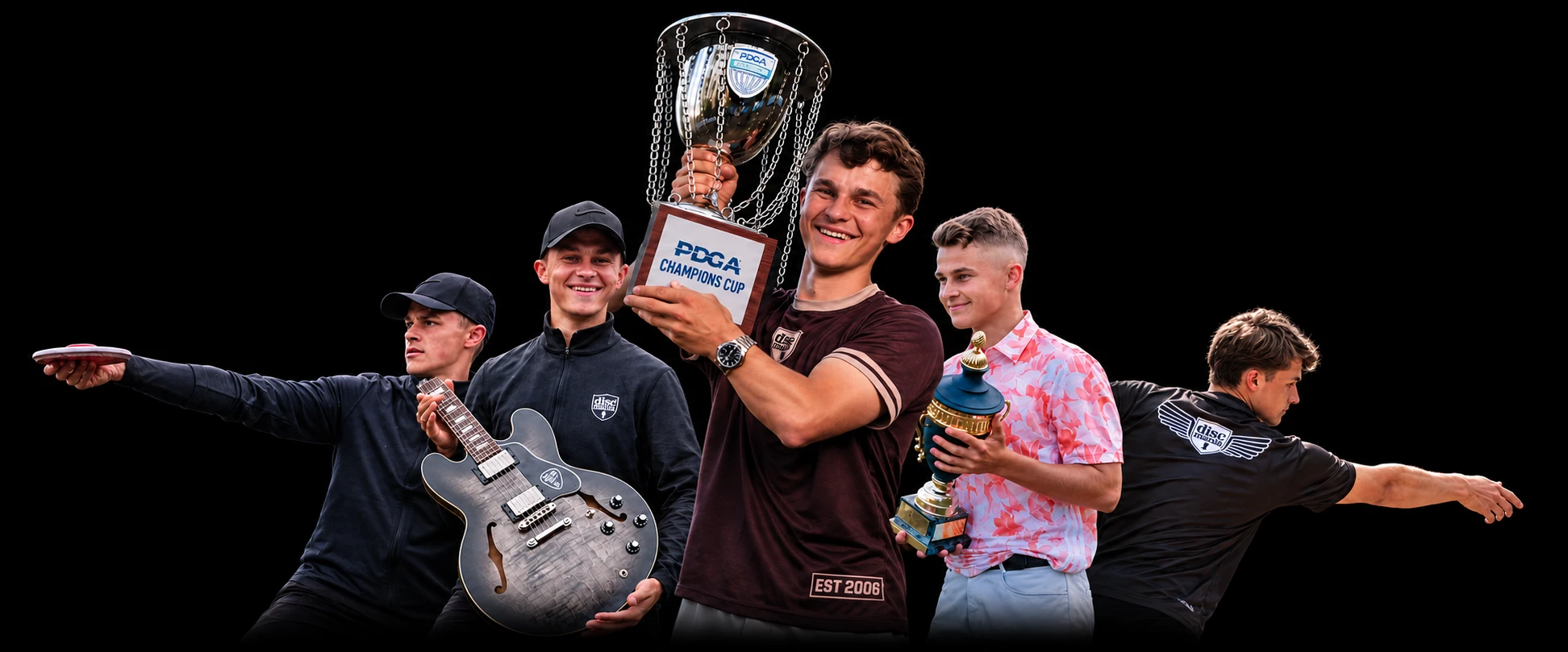Five moments from Niklas Anttila's career side by side: lining up a throw, the Music City Open guitar, lifting the PDGA Champions Cup, a national title trophy and a drive